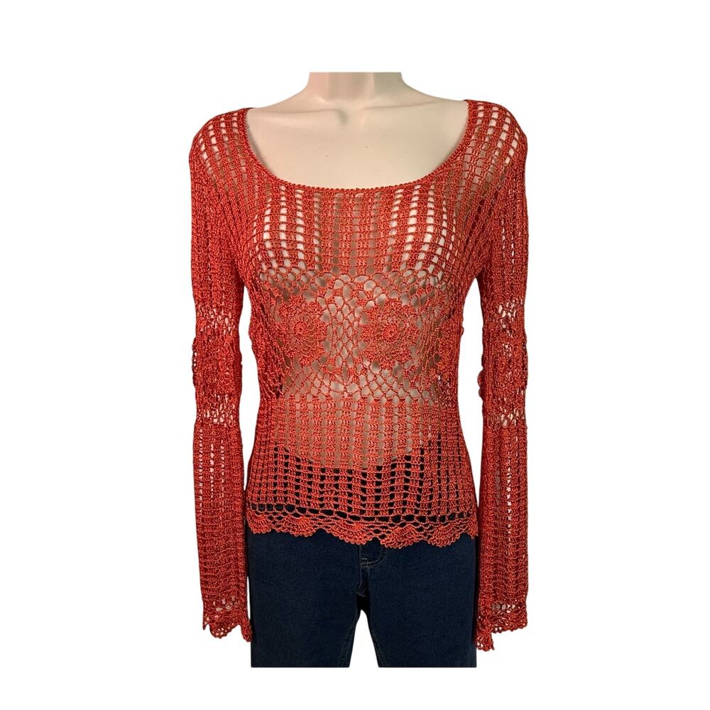 Bettie Paige Orange Crochet Long Sleeve Top Scoop neck - Picture 13 of 14